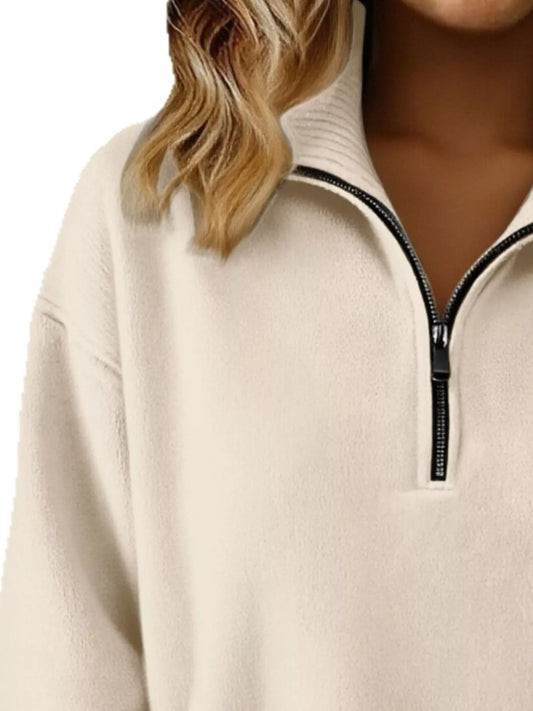 Women’s ribbed half-zip sweater with relaxed dropped-shoulder fit