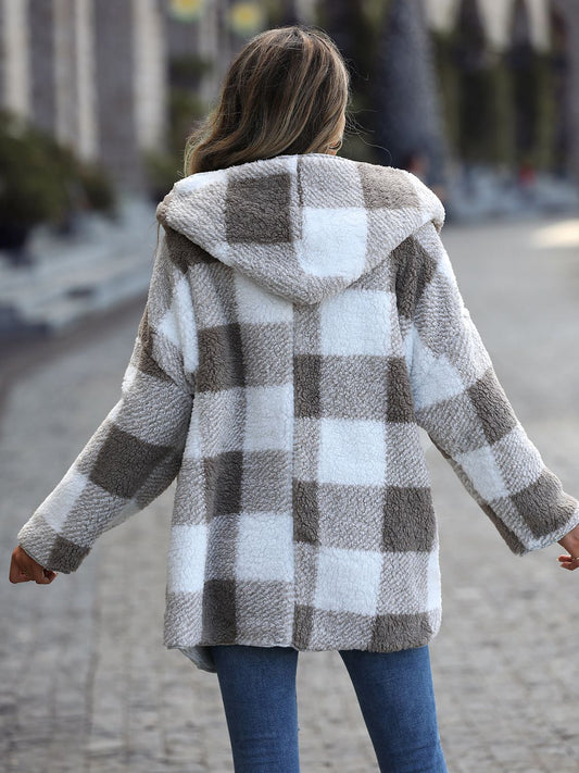 Back view of charcoal plaid hooded coat for fall and winter outfits