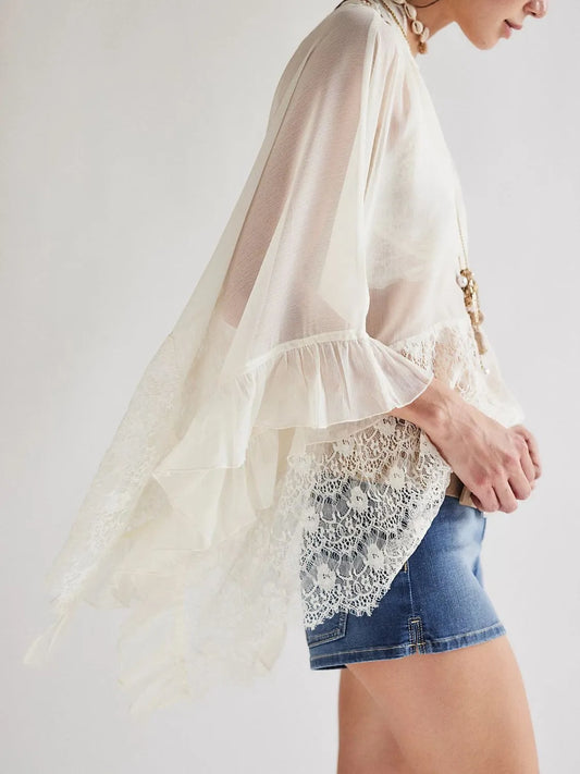 White lace V-neck ruffle swim cover-up for women