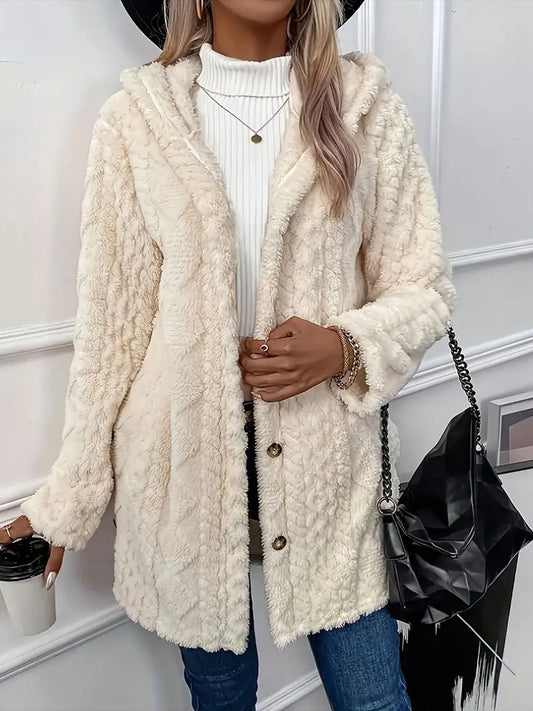 Women’s cream teddy coat with plush texture and button-front closure