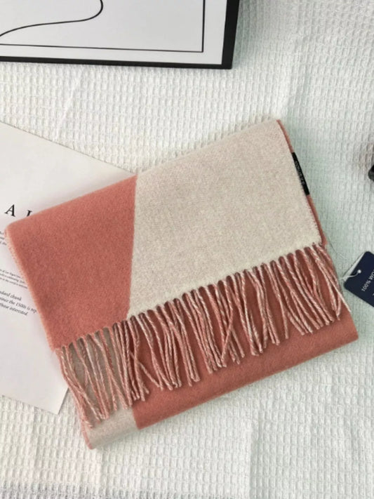Color-block wool scarf with fringe trim in pink and beige