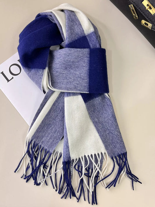 Aspen royal blue plaid winter scarf with fringe trim
