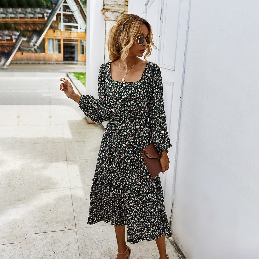 Women Long Dress Autumn Winter Long Sleeve Elegant Ladies Flower Square Collar Dresses Party Green Pink or Black Clothes For Woman