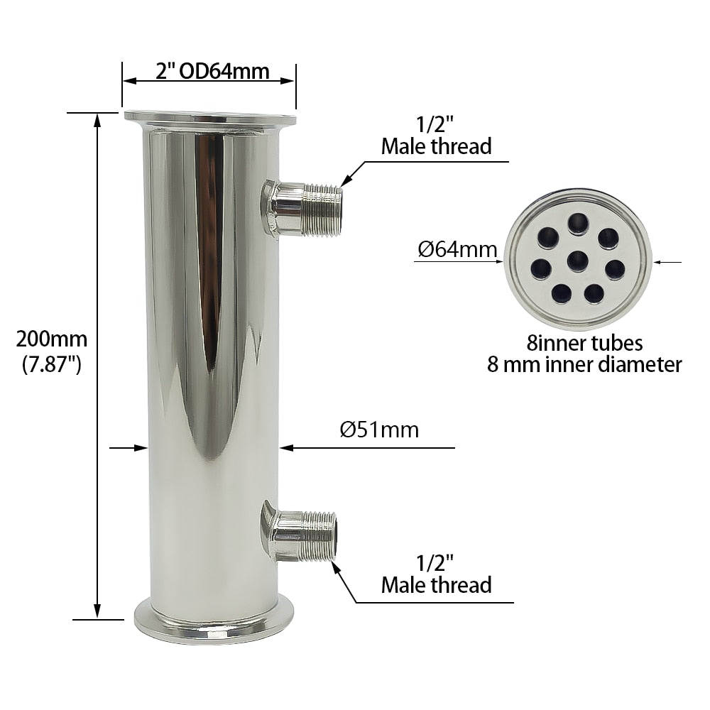 Dephlegmator 2" 51mm(OD64mm)304Stainless Steel Reflux Condenser Height 200mm Inside 8 Tubes For Moonshine Distillation Column