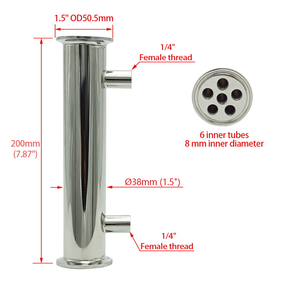Dephlegmator 1.5" 38mm(OD51mm)304Stainless Steel Reflux Condenser Height 200mm Inside 6 Tubes For Moonshine Distillation Column