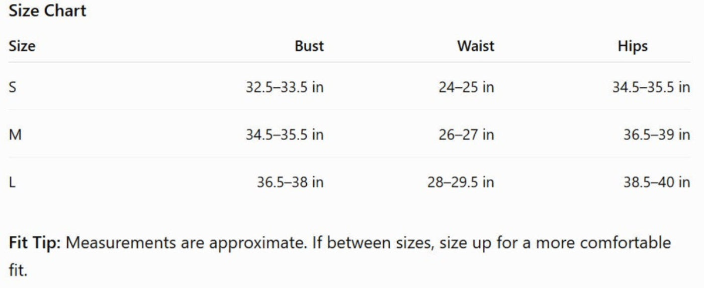 A size chart table with columns for Size, Bust, Waist, and Hips, listing S, M, and L measurements in inches and including a fit tip note.