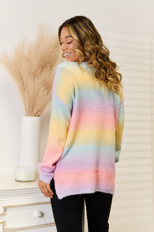 Back view of soft pastel gradient sweater for fall and winter styling