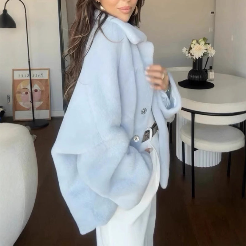 Aspen sky-blue plush lapel short coat for women