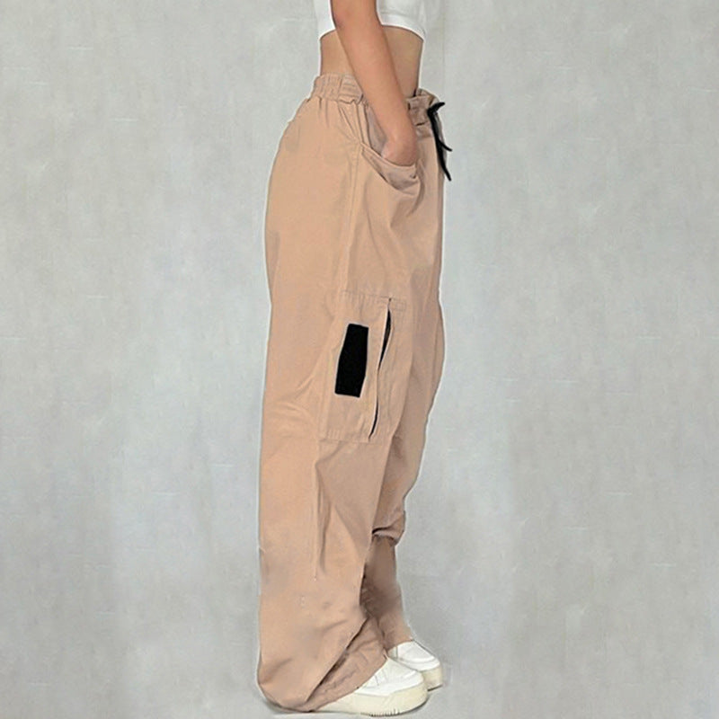 Khaki Sweet Cool Sexy Zipper Pocket Stitching Tied Casual Pants High Waist Loose Contrast Color Woven Pants