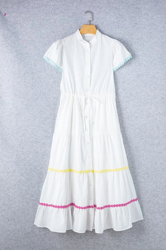 Women’s white cotton button-up resort dress with colorful contrast hem