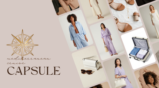 Fall Mediterranean cruise capsule wardrobe with coordinated travel sets, maxi dresses, sandals, and lightweight layers arranged beside an open suitcase.
