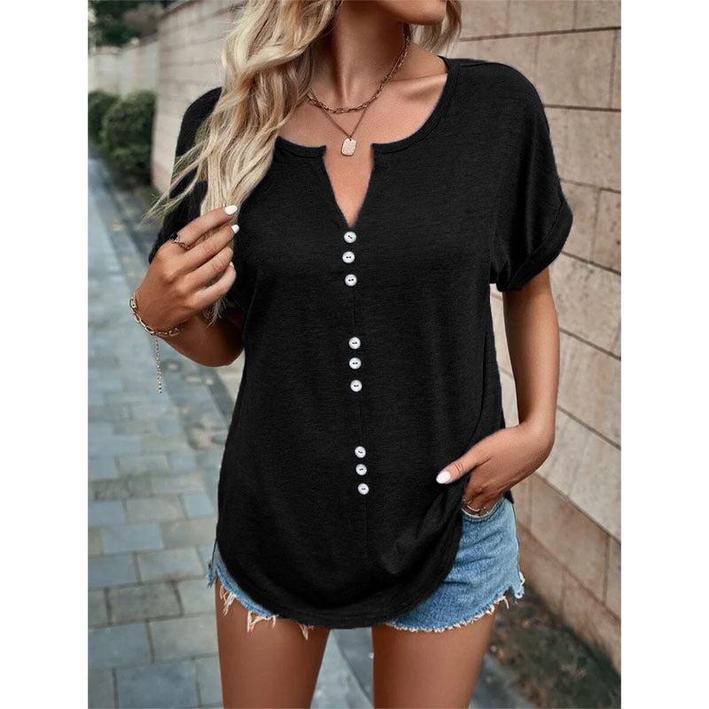 V-neck Short Sleeve Tops Shirt Summer Button Design Blouse