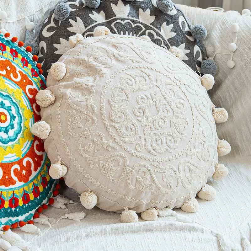 Hand-embroidered Round Pillow Cover