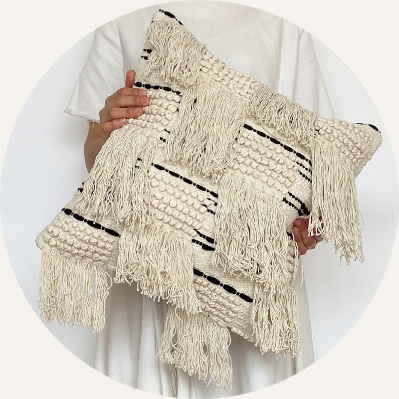 Woven Pillow Cover - Made of Pure Cotton Tassels