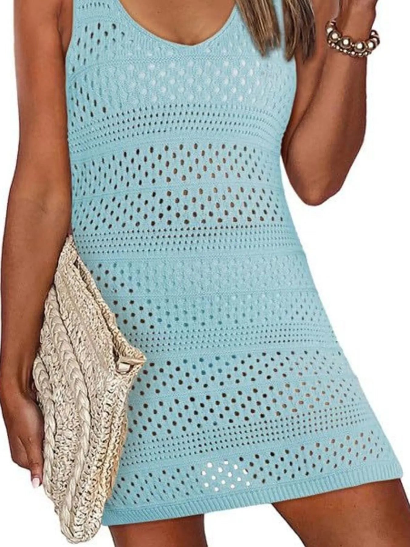 Santorini blue crochet side-slit swim cover-up dress