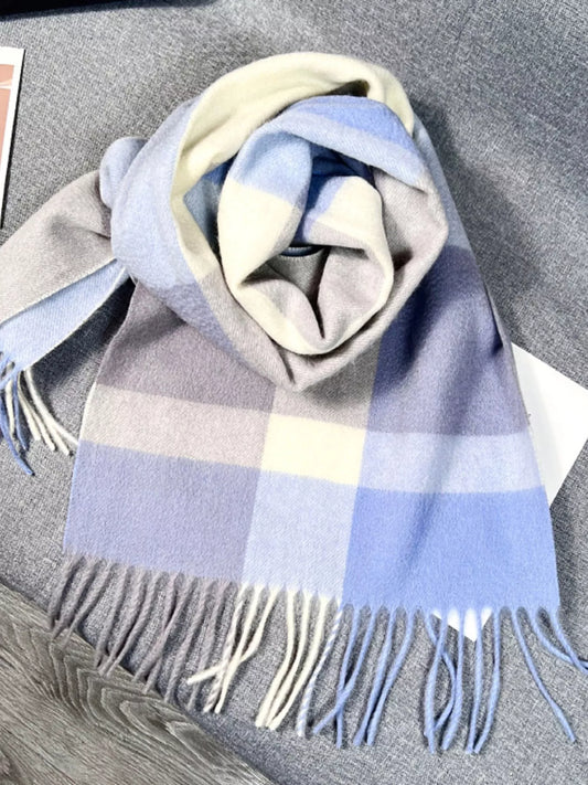 Soft blue plaid winter scarf with fringe trim