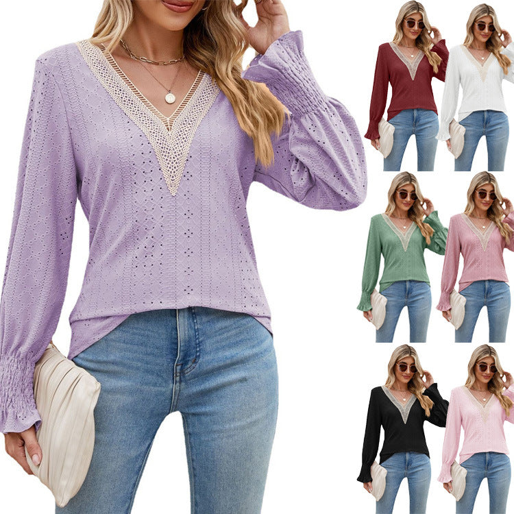 Solid Color Lace V-neck Patchwork Long Sleeve Loose-fitting T-shirt Top