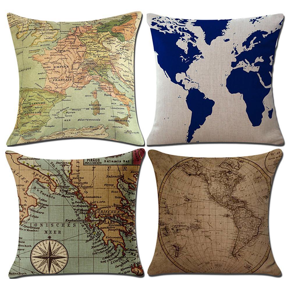 World Graphic Linen Throw Pillow Cover