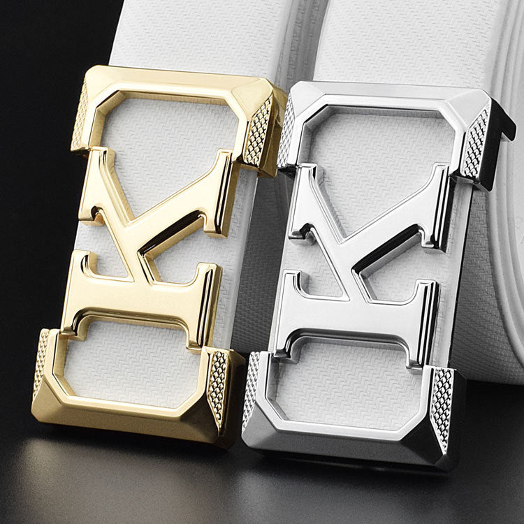 Men’s leather dress belt color options with gold and silver buckle finishes