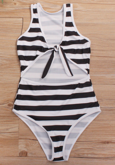 Flattering Front Tie Striped One-Piece in Blue, Red, or Black!