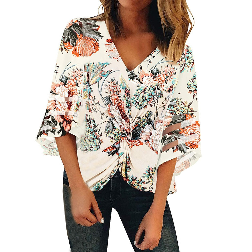 Amazon Explosion Digital Printed Belt Lantern Sleeve Blouse Shirt