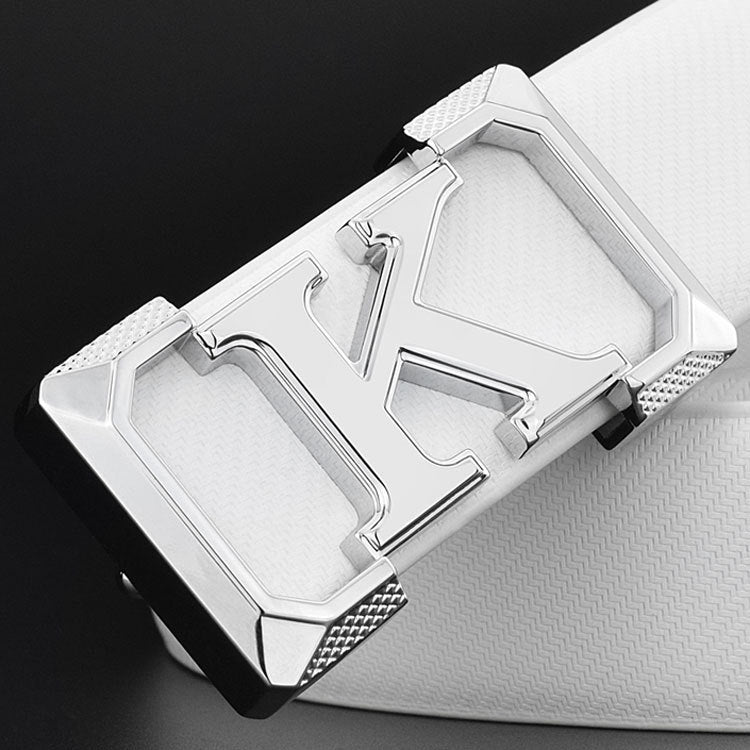White leather belt with silver geometric buckle for business casual outfits