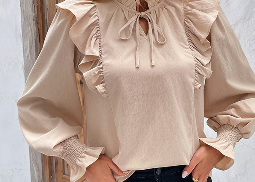 Ruffled Long Sleeve Solid Color Blouse Lady