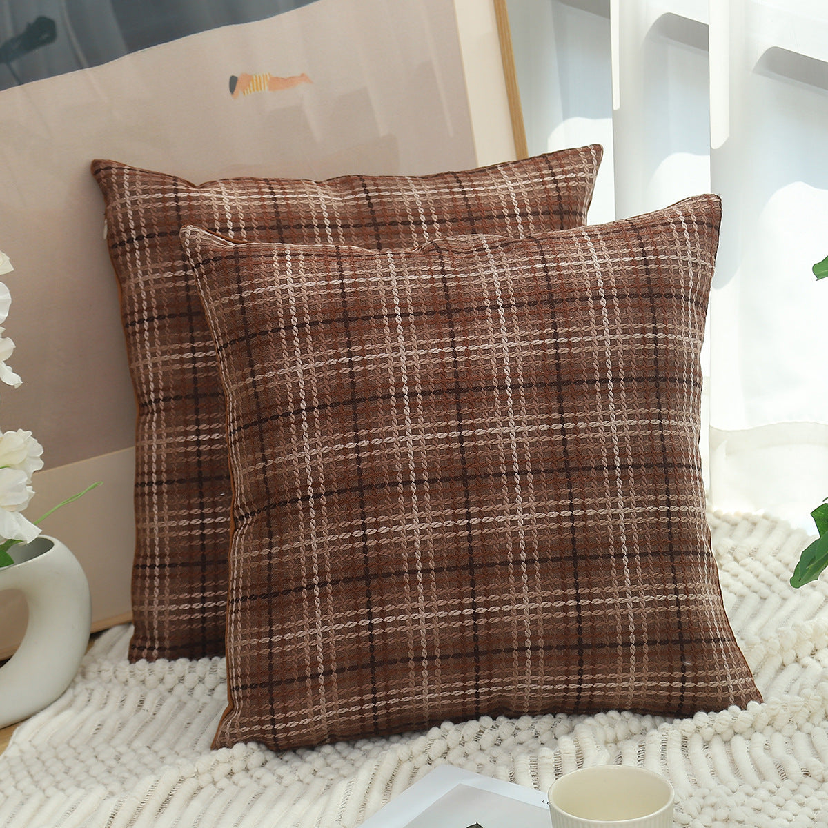 Plaid Linen Pillow Simple Cushion Cover Plain Light Luxury Sofa Cushion