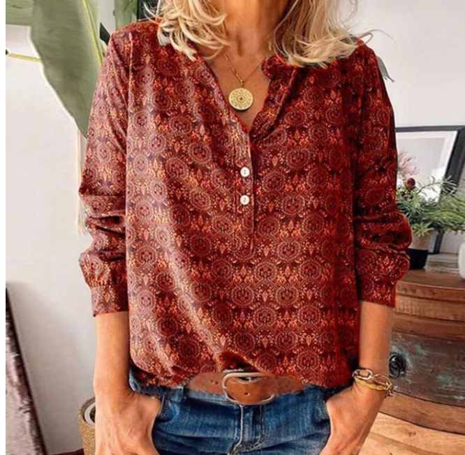 Retro Print Stand Collar Long Sleeve Loose Blouse