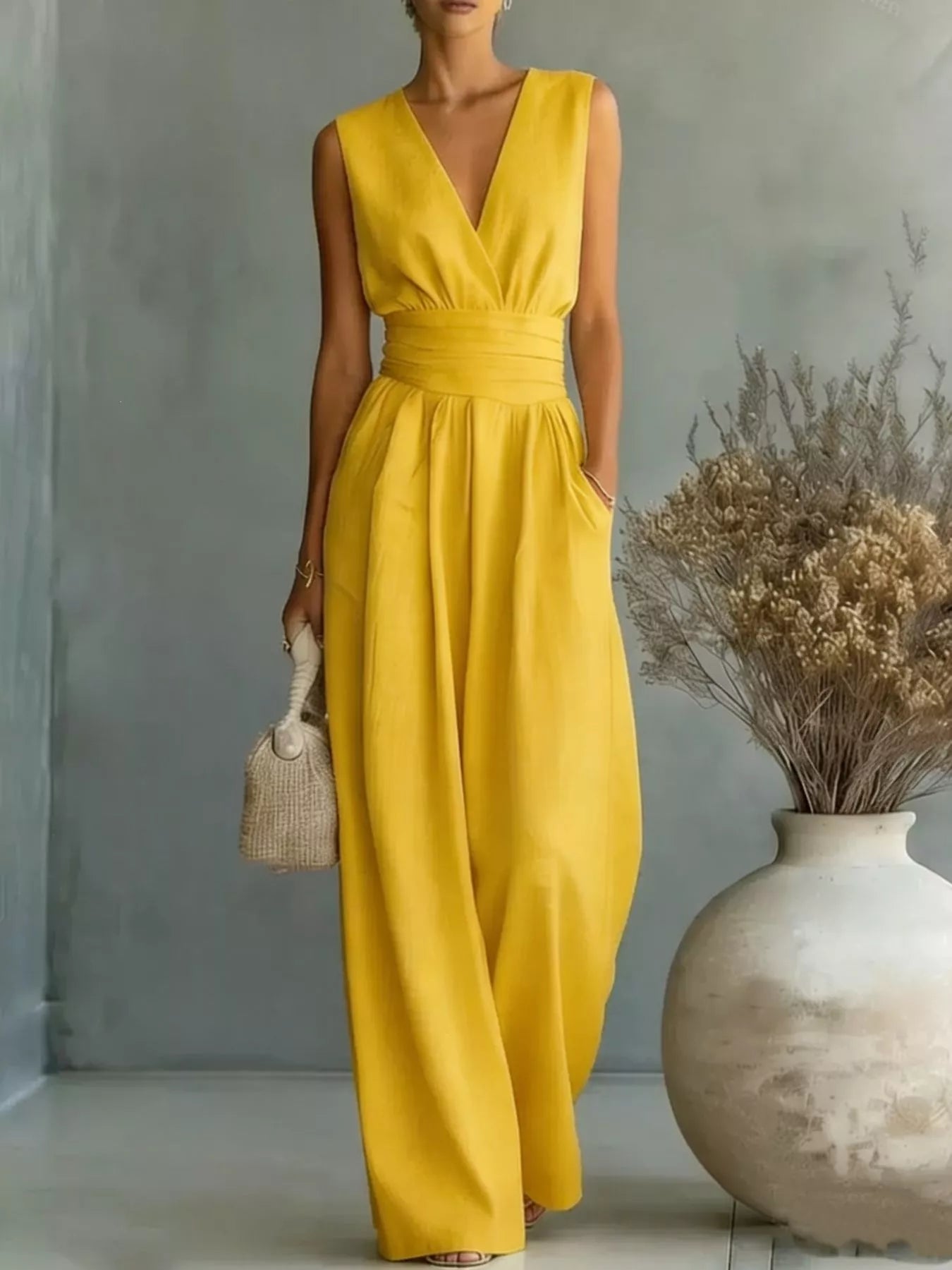 Amalfi yellow sleeveless wide-leg jumpsuit for summer travel