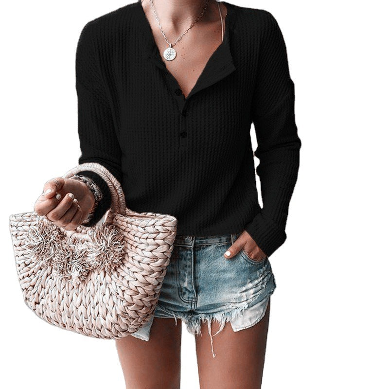 Buttoned V-neck Long-sleeved Blouse