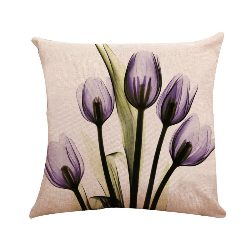 Ink Painting Flower Linen Pillowcase Tulips