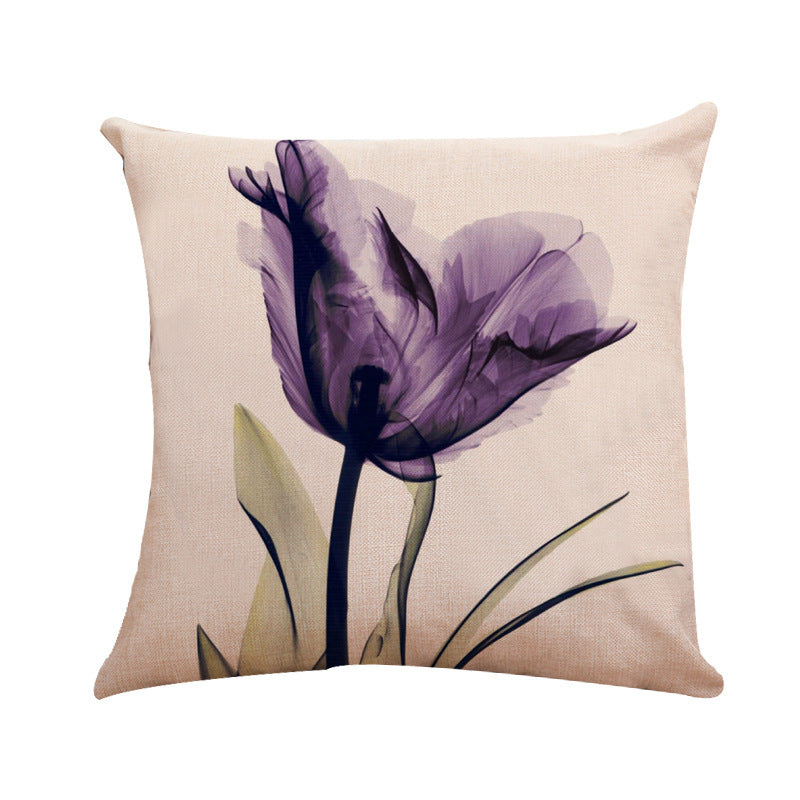 Ink Painting Flower Linen Pillowcase Tulips