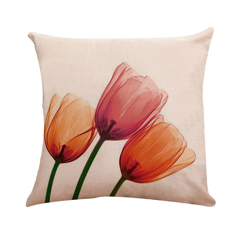 Ink Painting Flower Linen Pillowcase Tulips