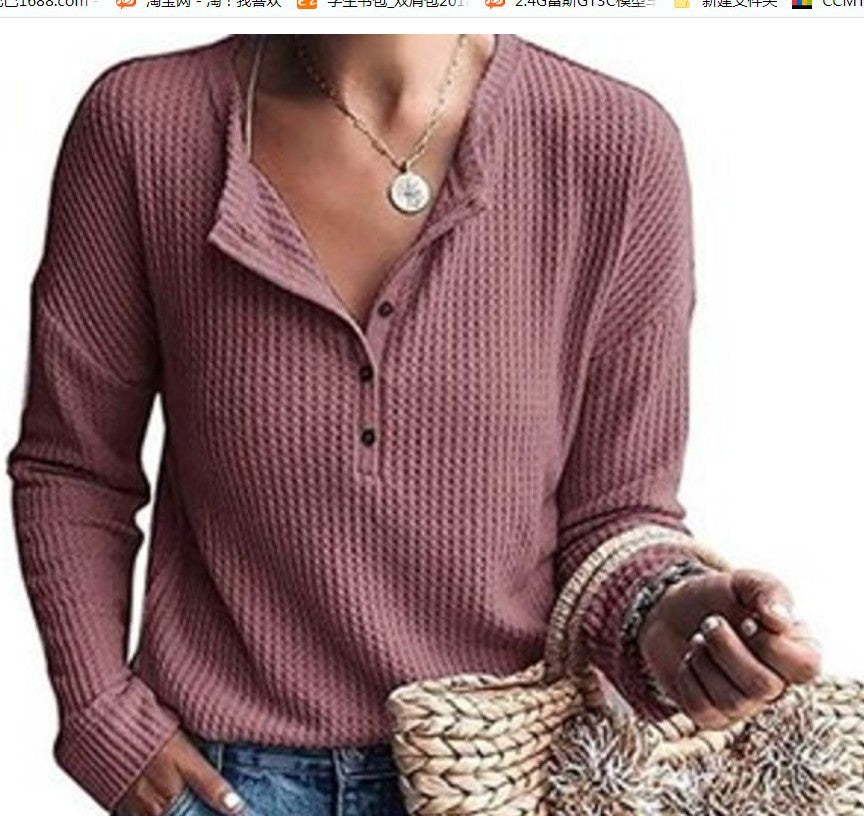 Buttoned V-neck Long-sleeved Blouse