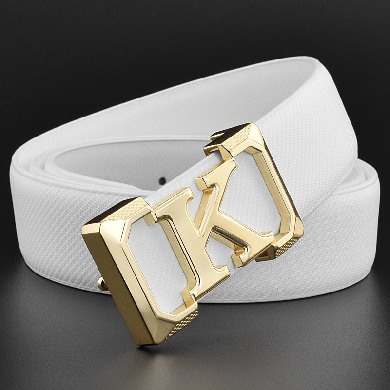 White leather dress belt with gold buckle for modern men’s styling