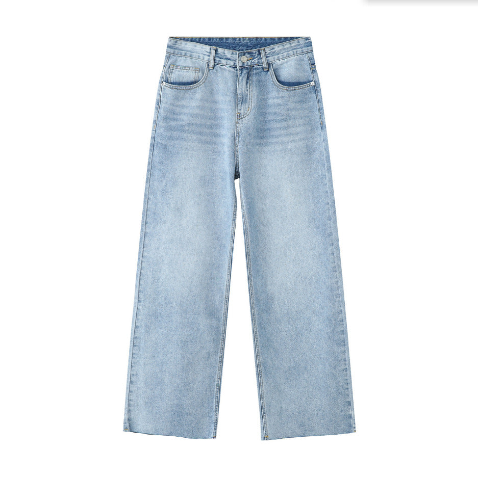 Light Blue Washed Frayed Hem Jeans Loose