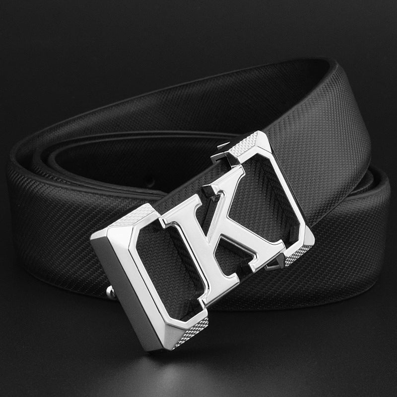 Black leather business belt with gold geometric buckle for men