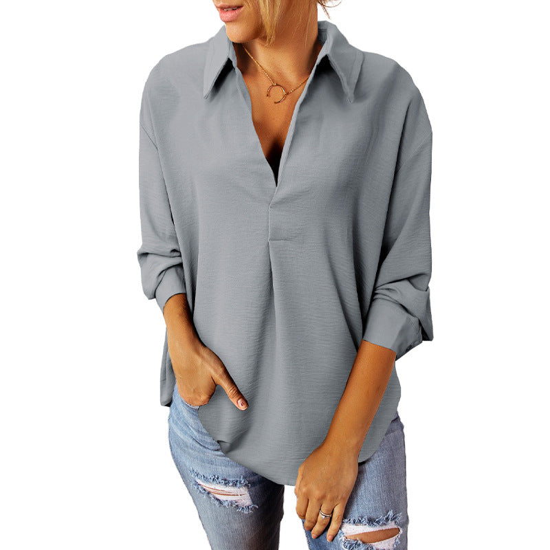 Polo Collar Solid Color Chiffon Blouse Women's Long Sleeve Loose Top