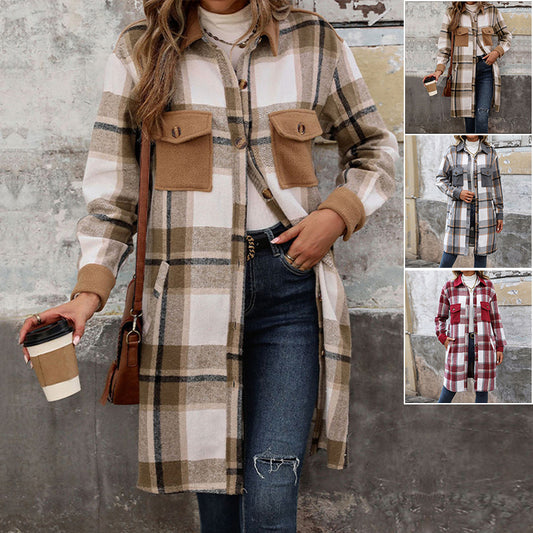 Aspen coffee brushed plaid longline coat for women