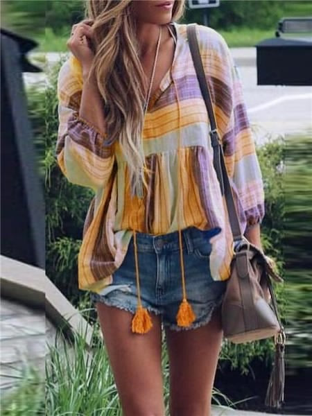 Tassel rope printed blouse