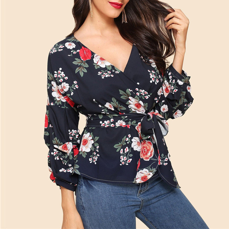 Amazon Explosion Digital Printed Belt Lantern Sleeve Blouse Shirt