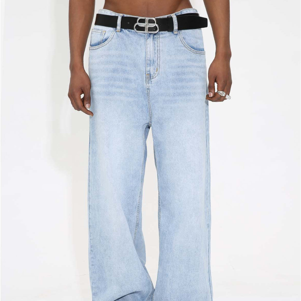 Light Blue Washed Frayed Hem Jeans Loose