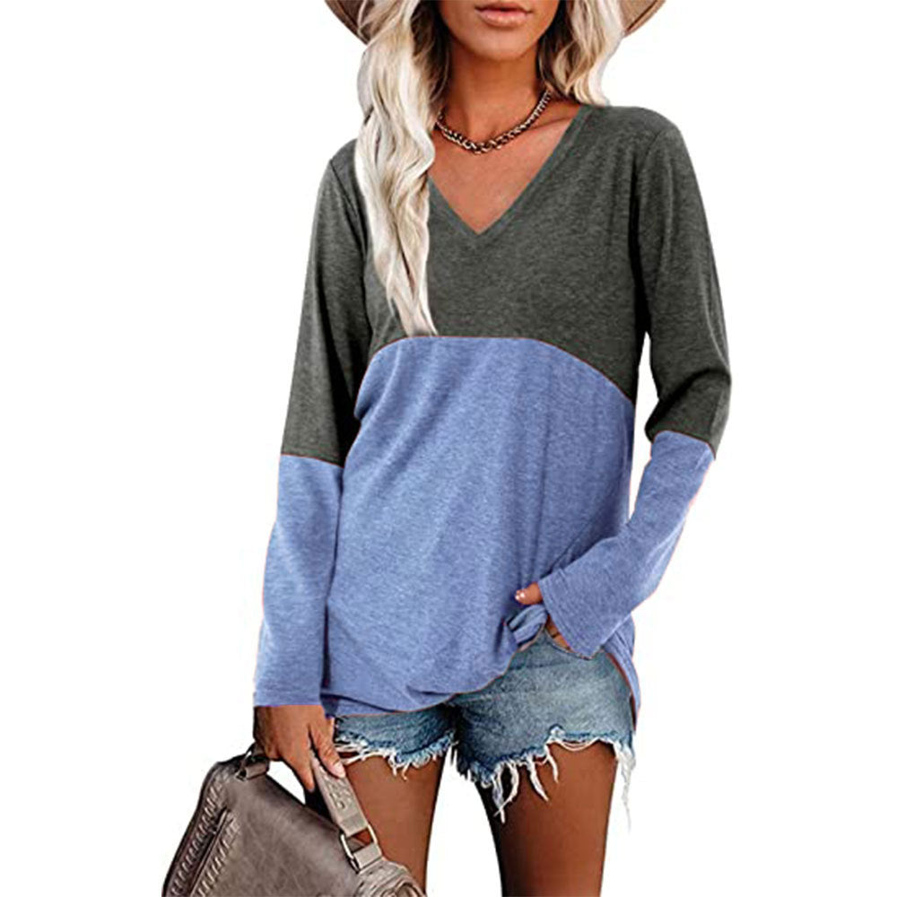 Contrast Panel V-Neck Long Sleeve Loose Blouse