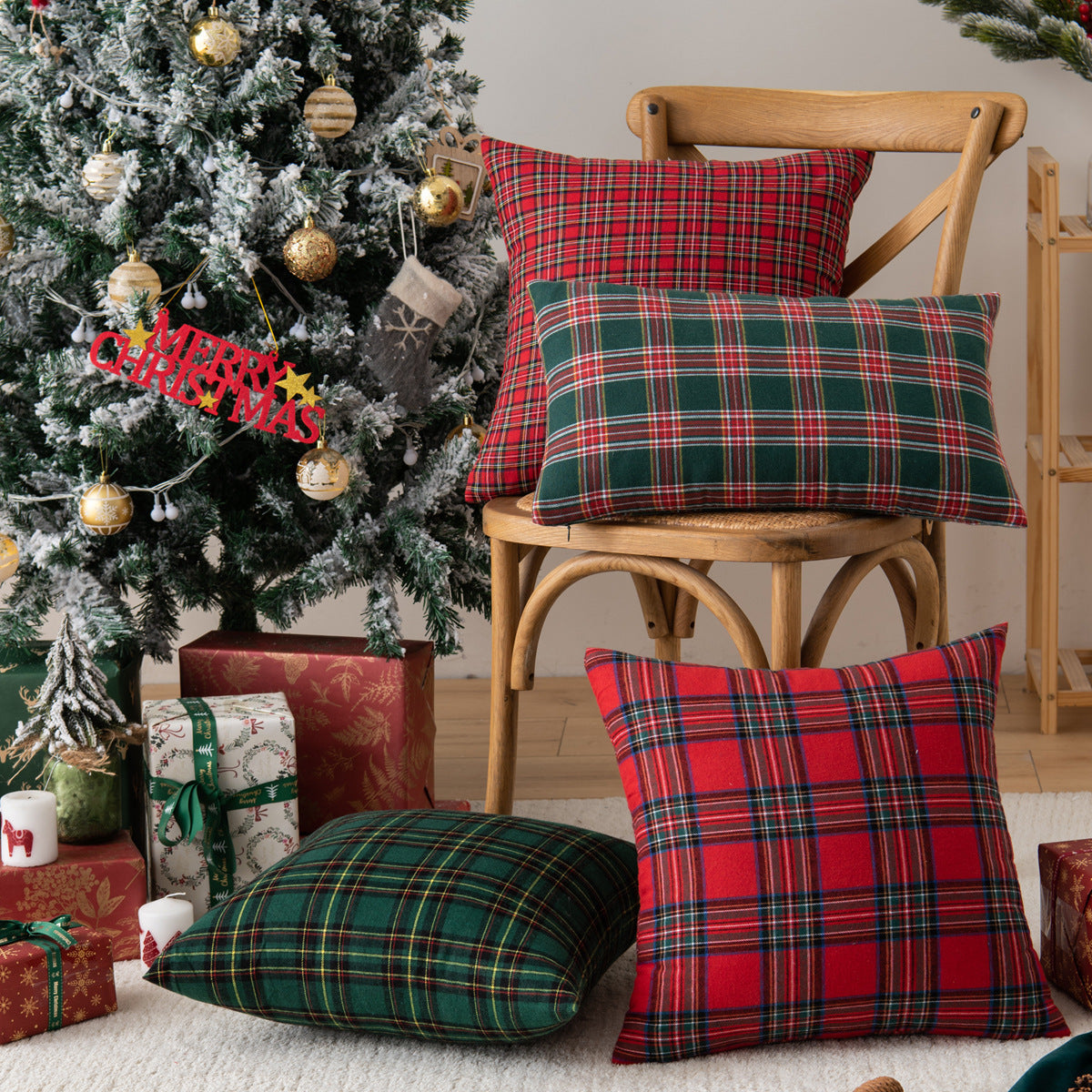 Red Plaid Cotton Throw Pillow Cover