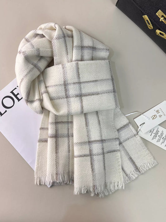 Aspen ivory raw-hem wool plaid scarf for women