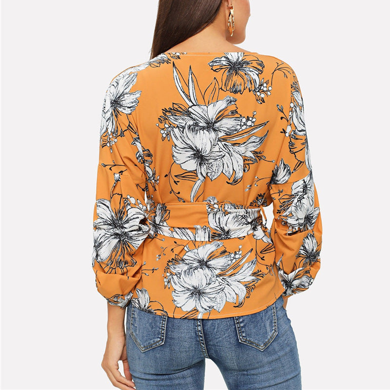 Amazon Explosion Digital Printed Belt Lantern Sleeve Blouse Shirt