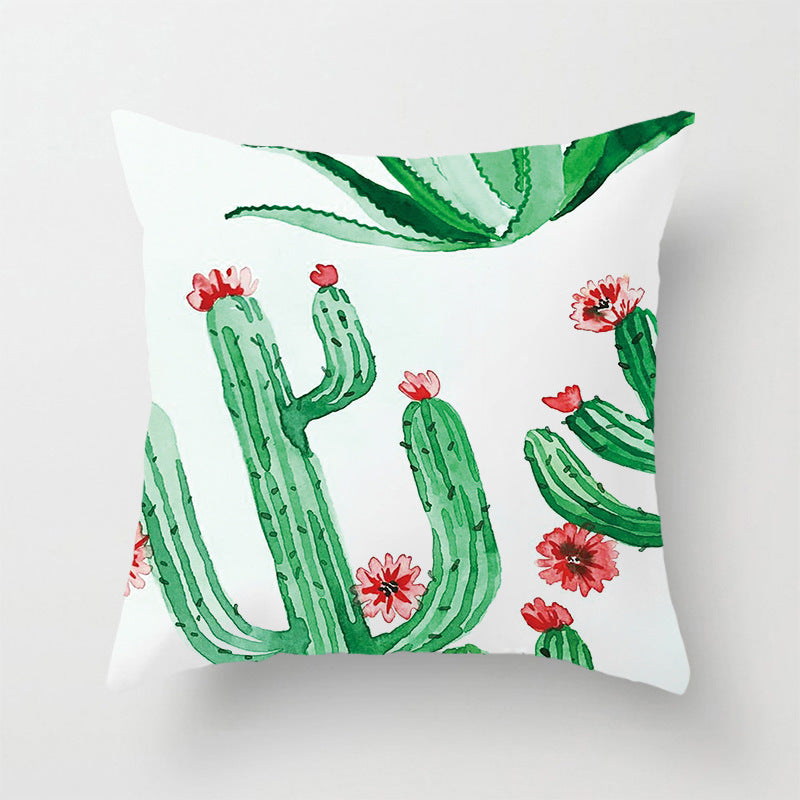 Green Plant Peach Skin Print Linen Pillow Cover