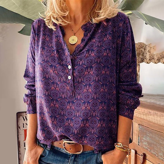 Long-sleeve vintage-print blouse with relaxed fit