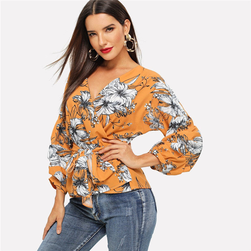 Amazon Explosion Digital Printed Belt Lantern Sleeve Blouse Shirt